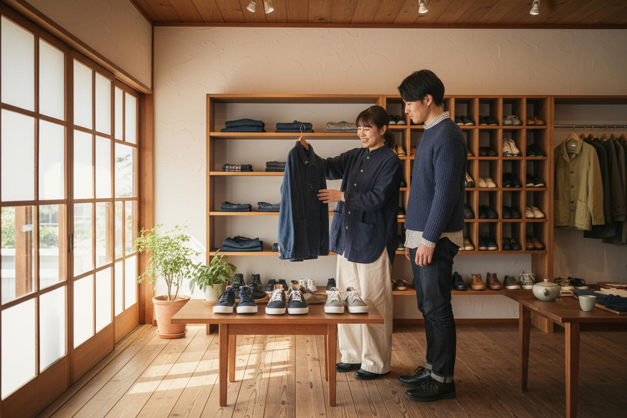 店舗内観またはスタッフの接客シーン。衣服や靴のセレクトショップとしての実在感と温かみを伝えるビジュアル.