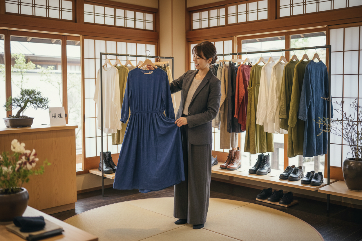 店舗内観またはスタッフが商品を手に取るシーン。衣服や靴のセレクトショップとしての信頼感と温かみを伝えるビジュアル